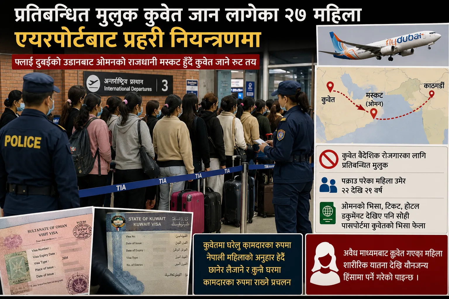 प्रतिबन्धित मुलुक कुबेत जान लागेका २७ महिला एयरपोर्टबाट प्रहरी नियन्त्रणमा, विदेश पठाउने गिरोहको खोजी